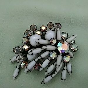 Vintage Brooch Milk Glass Rhinestones